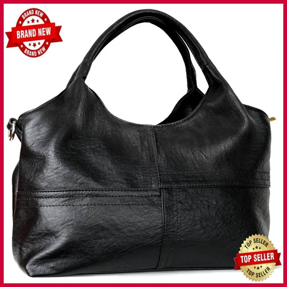 Vegan Leather Tote Bag with Detachable Strap, 13.5 Inch Hobo Purse